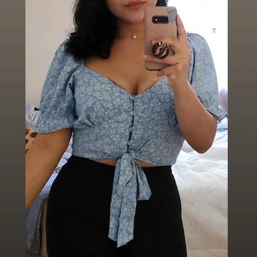 QED London Blue and White Tie Front Fitted Blouse BUY1 GET1 FREE